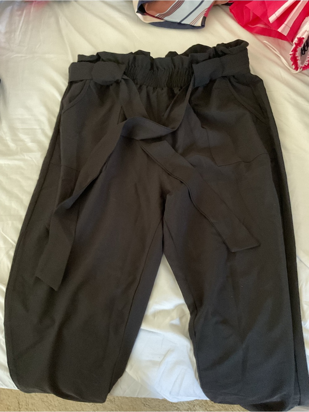 Grace Karin Black Wide-Leg Paperbag Waist Pants with Tie